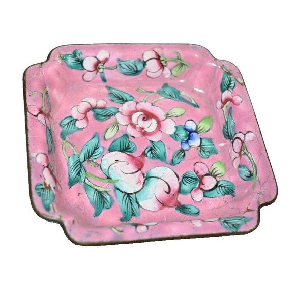 Vtg Chinese Enamel Small Dish Flaws 3" Hand painted Pink floral crazing square - Picture 1 of 4